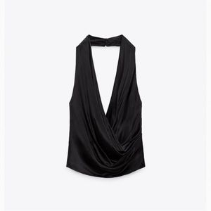 Zara Black Satin Halter Drape Top NWT Medium